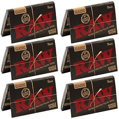 6 Pk Raw Classic Black Single Wide Double Feed Ultra Thin Rolling Papers - 3219