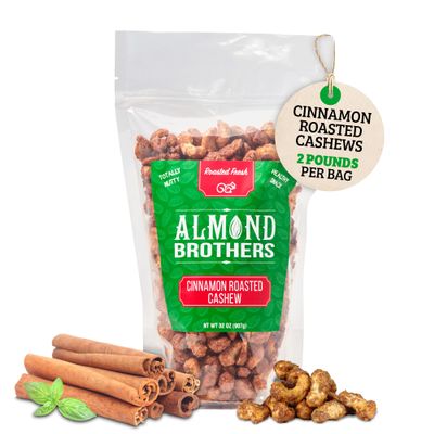 Almond Brothers Roasted Cashews - 2 lb Bag - Hand Crafted Cinnamon Glazed Roasted Cashews, Gluten-Free, Non-GMO