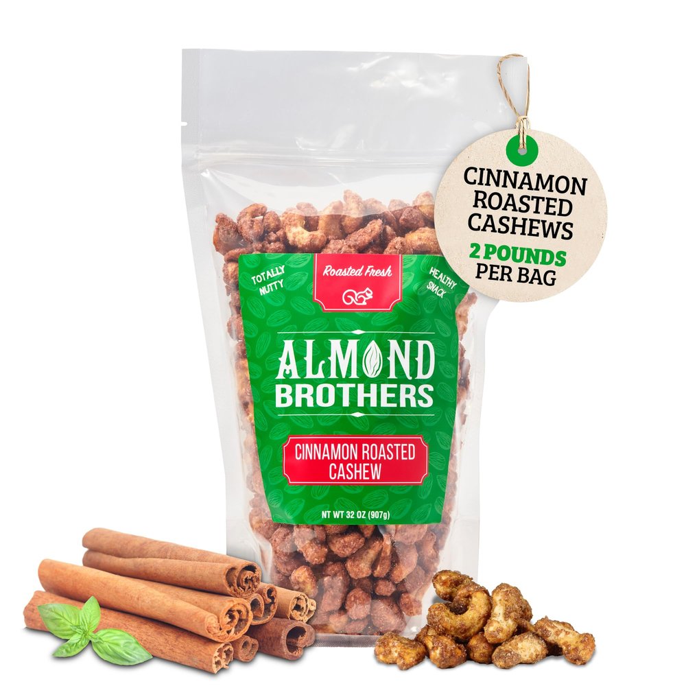 Almond Brothers Roasted Cashews - 2 lb Bag - Hand Crafted Cinnamon Glazed Roasted Cashews, Gluten-Free, Non-GMO