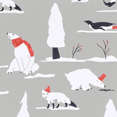 Gift Wrap - Snow Animals - Oyster/Black, White and Red Glitter