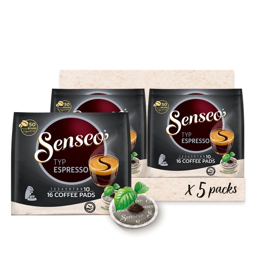 Senseo Espresso Coffee Pods  80 Count (5 Packs of 16)  Rich & Bold Espresso Flavor  Single-Serve Coffee Pads Compatible with Senseo & PeleCom Machines  For Hot, Iced Coffee & Cold Brew