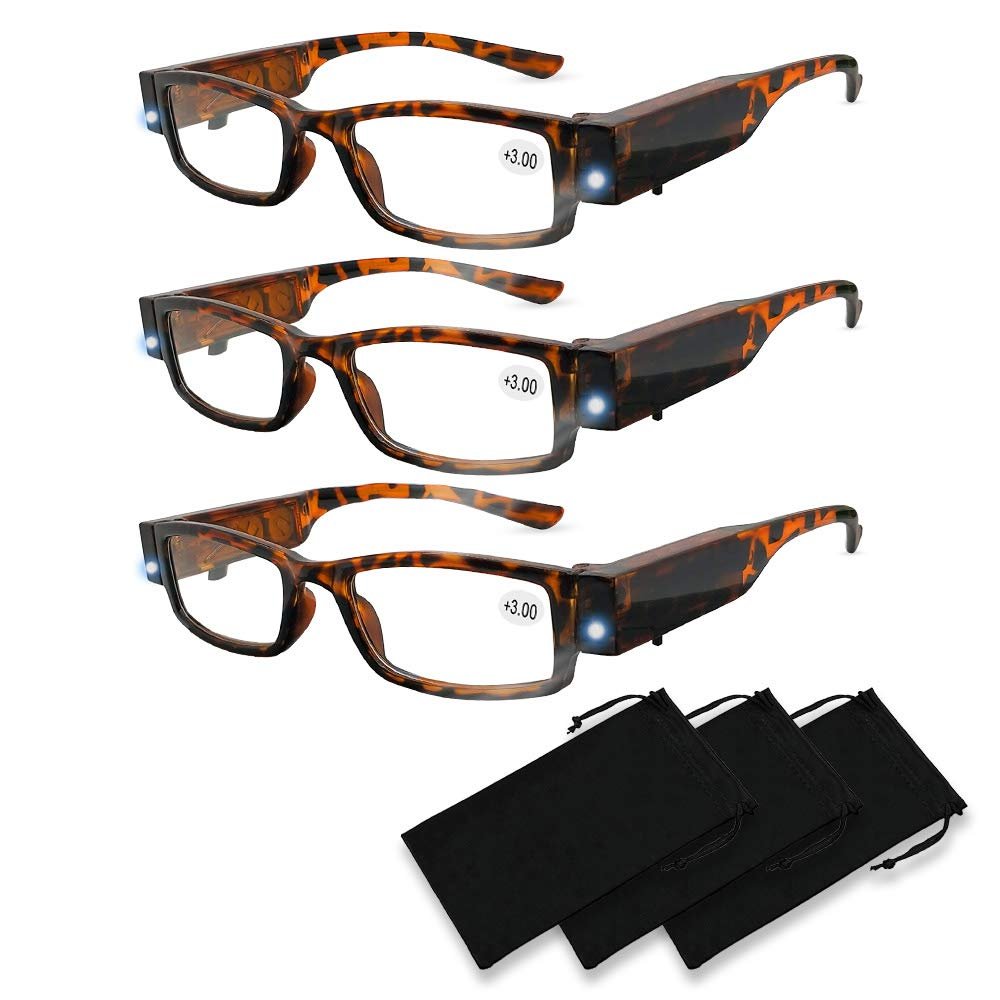 Reading Glasses with Light Bright LED Readers with Lights Reading Glasses Lighted Magnifier Nighttime Reader Compact Full Frame Eyewear Clear Vision Unisex Clear Vision Lighted Eye Glasses (+300)