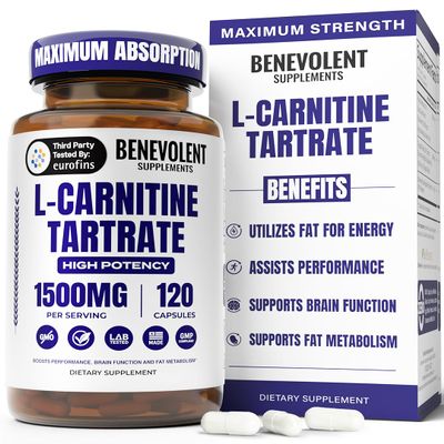 Benevolent L Carnitine Supplement - High Potency 1500mg L-Carnitine Tartrate - Fast Absorbing, Convert Fat to Energy, Support Lean Muscle, Boost Workout Performance & Metabolism 120 Vegan Capsules