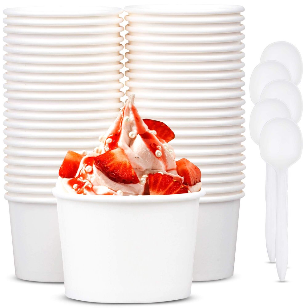 Promora 12oz Paper Ice Cream Cups Disposable 50 Count + Spoons, Bowls for Hot Soup/Dessert with Spoons, Perfect for Hot & Cold Food, Disposable Soup Bowls, Ice Cream Bowls, Frozen Yogurt (White 12oz)