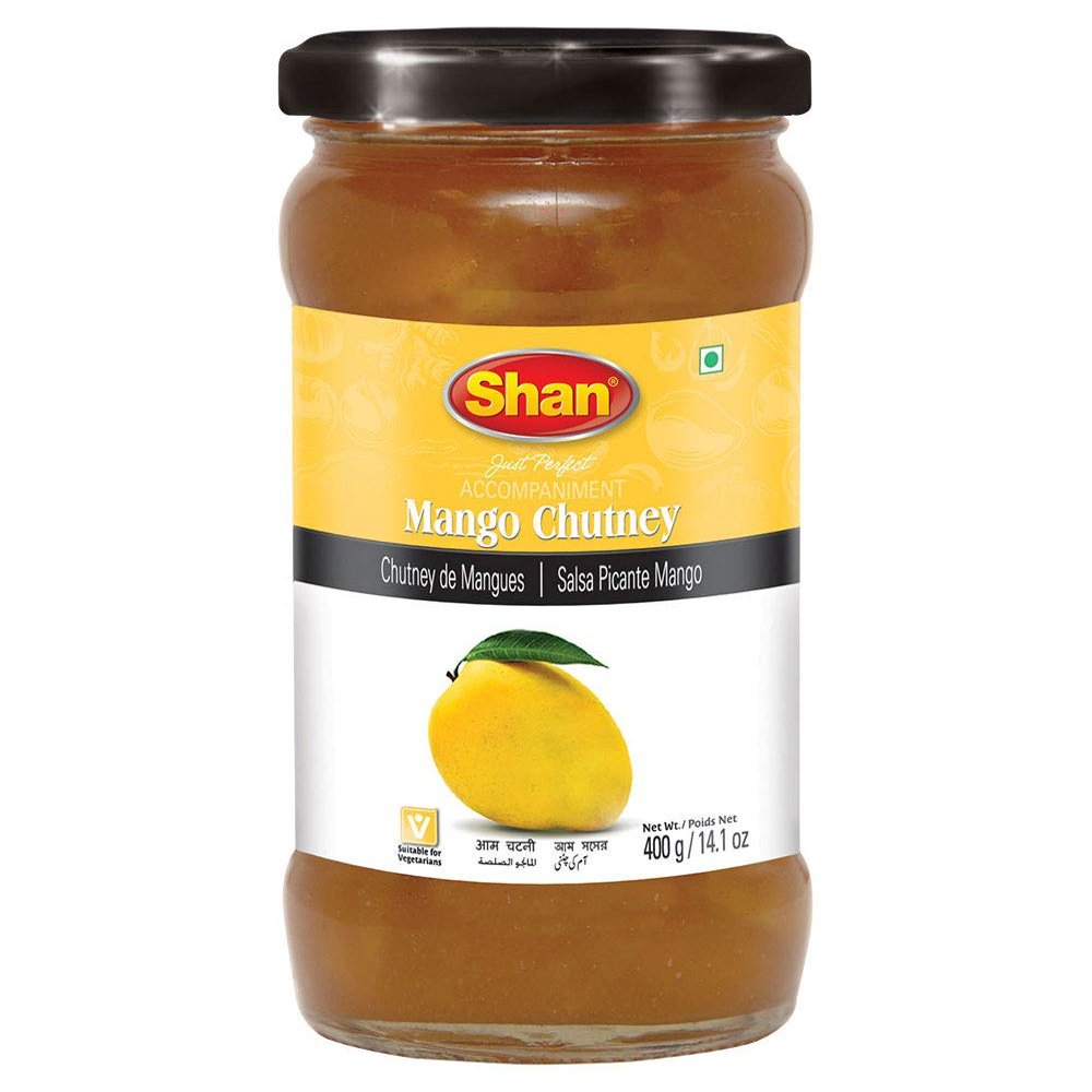 Shan Mango Chutney 14.1 oz (400g) - Tasty Accompaniment from Fresh Mango - Delicious and Zestful Dipping Sauce - Suitable for Vegetarians - Airtight Glass Jar