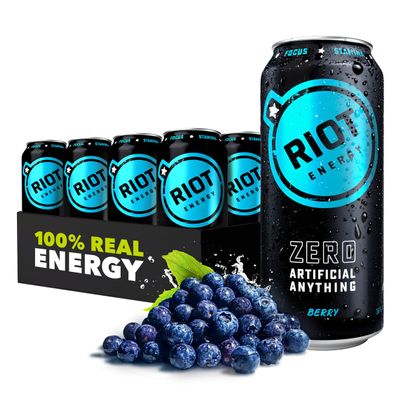 RIOT Clean Energy Drink  Berry | No Sucralose, No Sugar Added, No Artificial Flavors | 160mg Natural Caffeine + 100mg L-Theanine | Clean Focus, Stamina & Smooth Energy | 16 Fl Oz (Pack of 12)