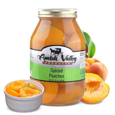Amish Valley Products Old Fashioned SPICED Peaches Halves Canned Jarred in 32 oz Glass Jar (One QT Jar - 32 OZ)