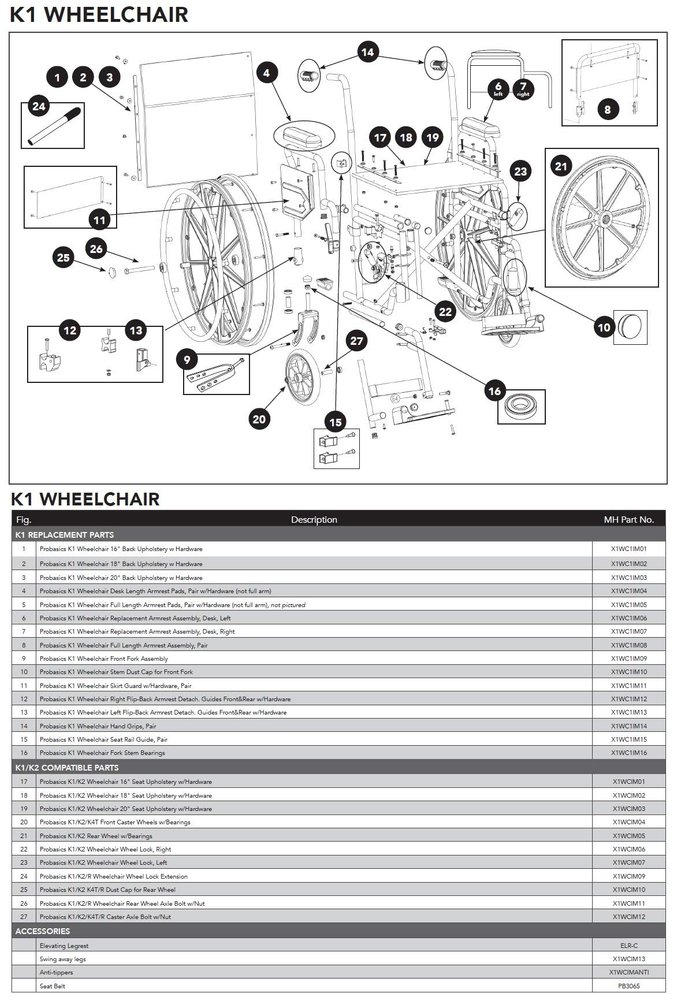 #1-16" Back Upholstery w/Hardware for Probasics K1 Wheelchair (Models WC11616DE,WC11616DS,WC11816DE,WC11816DS)