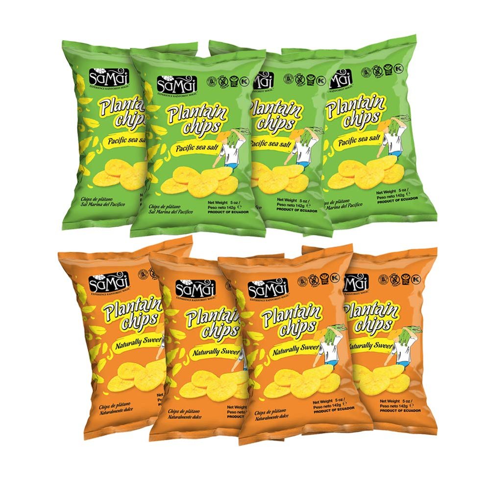 SAMAI Plantain Chips 5oz (Pack of 8) Variety Pack (Pacific Sea Salt and Naturally Sweet) - Gluten Free, All Natural, NON-GMO and Kosher