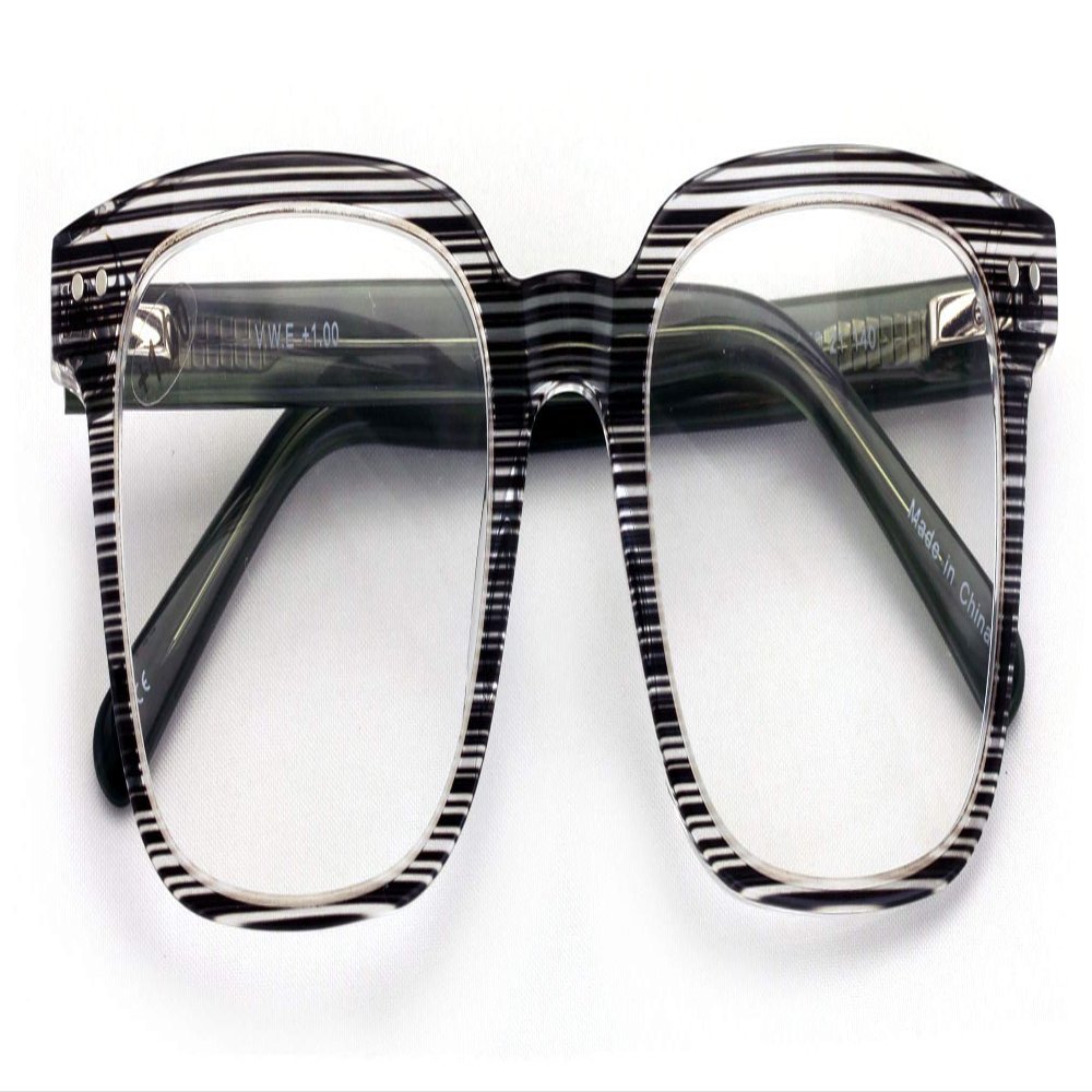 Premium Acetate Square Reading Glasses - Stripe Clear Lens Readers - Unisex Optical Frame Eyeglasses (Black, 1.25)