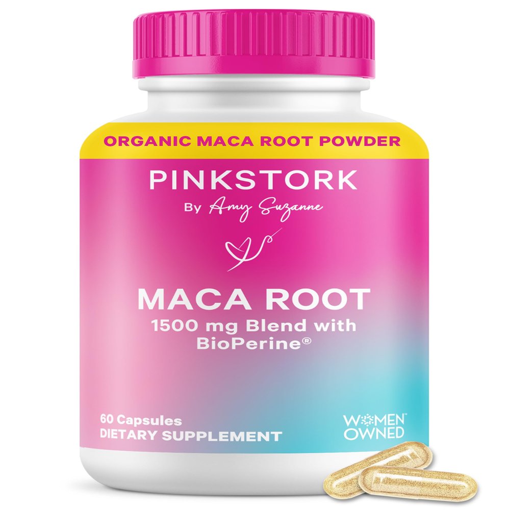 Pink Stork Maca Root Capsules for Women Organic Maca with BioPerine for Hormonal Balance, Energy + Wellness Supports Perimenopause, Menstrual Health, and Vitality