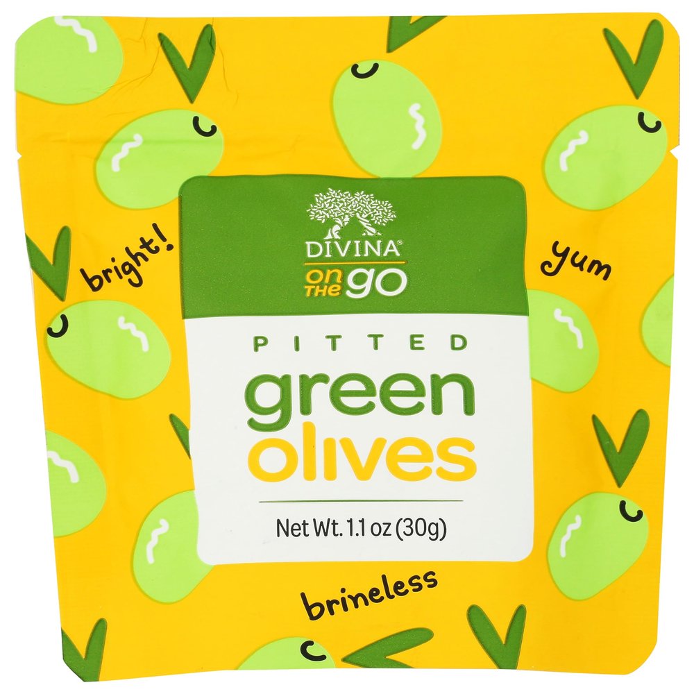 Divina Pitted Italian Green Olive Pouch, 1.1 oz (Pack of 10)