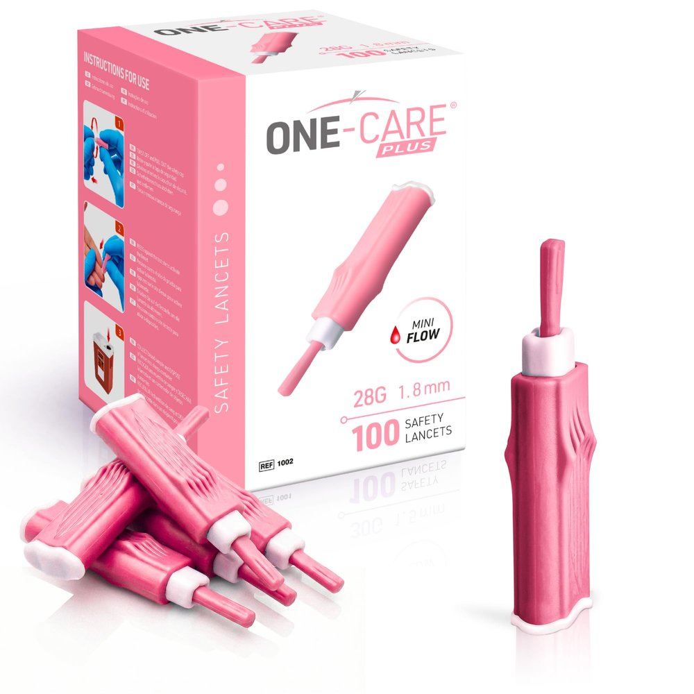 ONE-CARE Plus Safety Lancets 28G x 1.8mm, Contact-Activated Fingerstick Lancets, Single-Use, Fast Activation, Easy Home Use, Box of 100