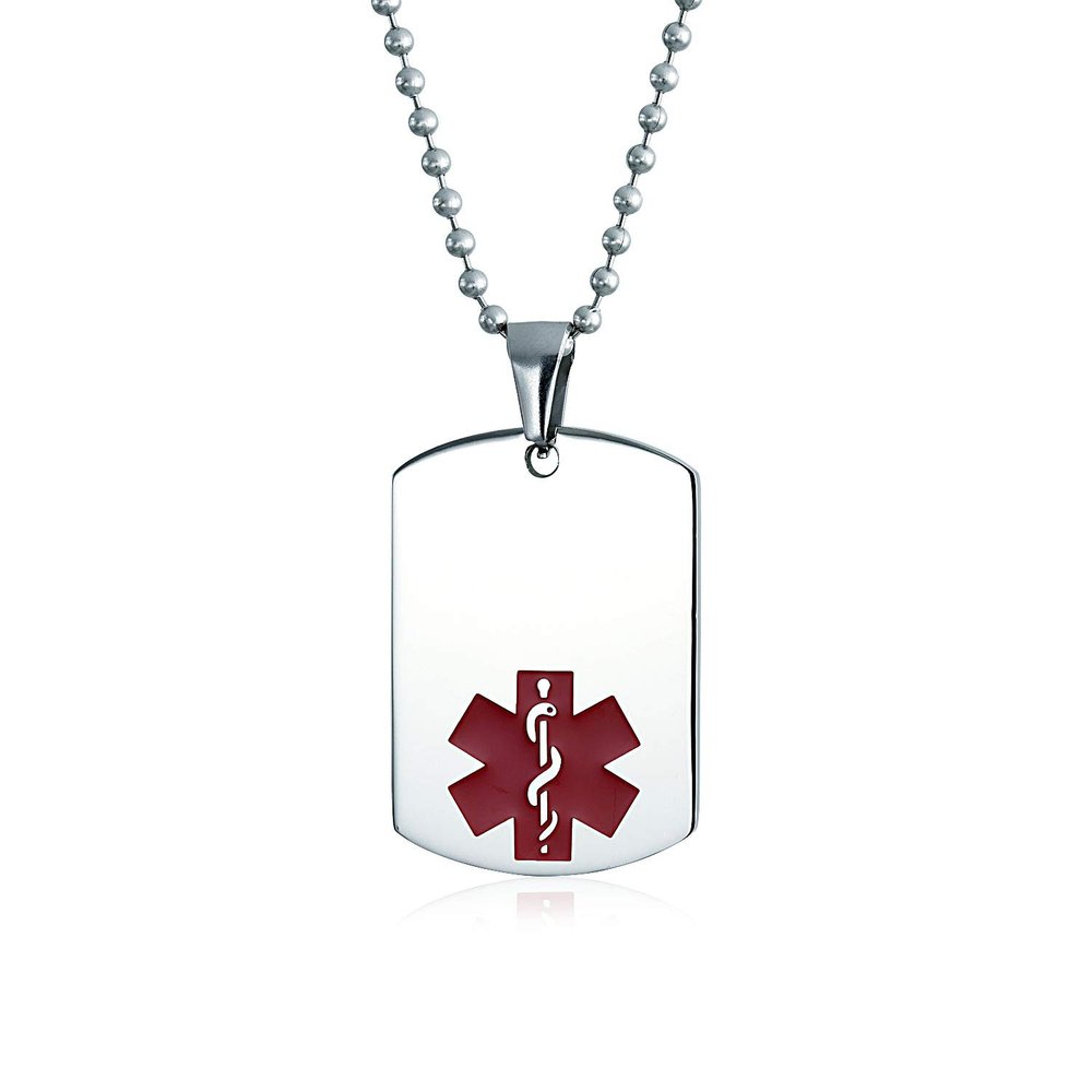Bling Jewelry Unisex Customizable Addison Disease Medical Identification ID Dog Tag Pendant Necklace For Men Stainless Steel Medium Custom Engraved