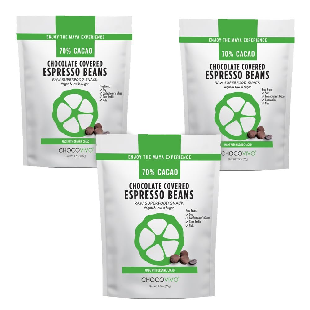 ChocoVivo Dark Chocolate Covered Coffee Beans 70% Cacao, Superfood Snack - Paleo + Keto Friendly, 2.5 Ounces Each - 3pack