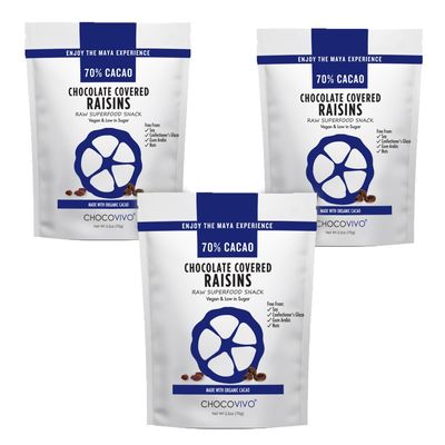 ChocoVivo Dark Chocolate Covered Raisins 70% Cacao, Superfood Snack - Paleo + Keto Friendly, 2.5 Ounces - 3pack