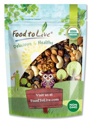 Food to Live Organic Go Raw Trail Mix, 8 Ounces - Raw and Non-GMO Snack Mix Contains Walnuts, Almonds, Cashews, Hazelnuts, and Raisins. Vegan Superfood, Kosher, No Added Sugar and Oil, Bulk