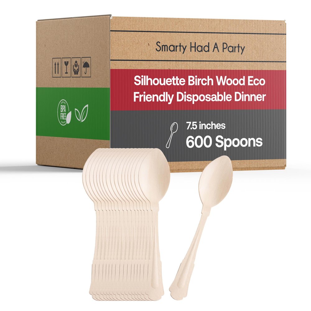 100% Compostable Disposable Spoons 600 Pcs - Eco-Friendly Birch Wood Spoons - 7.5" Biodegradable Heavy Duty Spoon Set - Wooden Silverware Cutlery Utensils for Wedding, Birthday Party & All Occasions