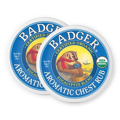 Badger Aromatic Chest Rub, 100% Organic Vaporub w/Eucalyptus & Lavender Essential Oils to Clear & Soothe, All-Natural Chest Congestion Relief for Adults & Kids, 2 oz Tin, 2-Pack