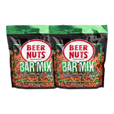 BEER NUTS Bar Mix w/Wasabi - Pretzels, Cheese Stix, Sesame Stix, Insane Grain & Wasabi Peas - 32oz Resealable Bag (Pack of 2)