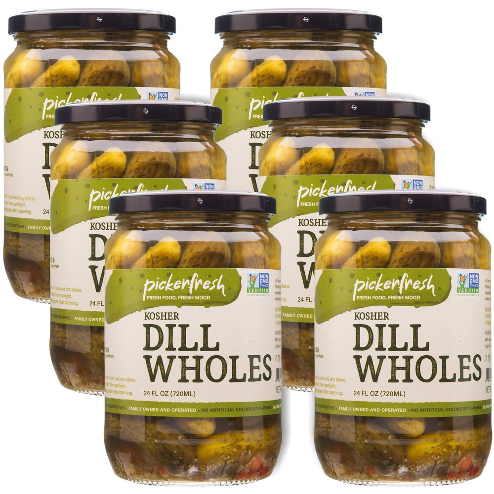 Pickerfresh Kosher Dill Wholes | Large Whole Pickles | Simple Ingredients | Non-GMO, No Artificial Color & No Preservatives | 24 oz (6 Pack)