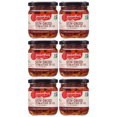 Pickerfresh Julienne Cut Sun-Dried Tomatoes In Oil with Herbs | Sulphite Free | Gourmet Sun-Dried Tomato Slices | Non-GMO, No Artificial Color & No Preservatives | 7 oz (6 Pack)