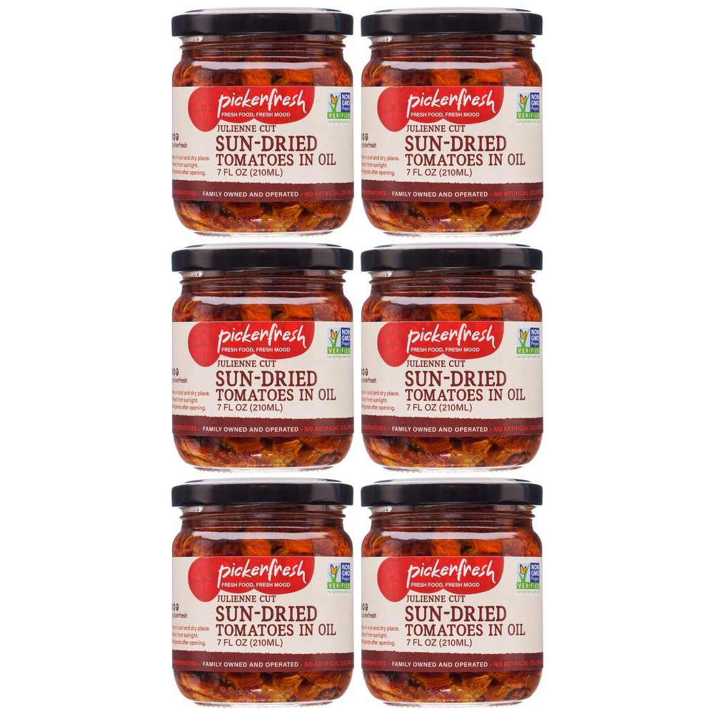 Pickerfresh Julienne Cut Sun-Dried Tomatoes In Oil with Herbs | Sulphite Free | Gourmet Sun-Dried Tomato Slices | Non-GMO, No Artificial Color & No Preservatives | 7 oz (6 Pack)