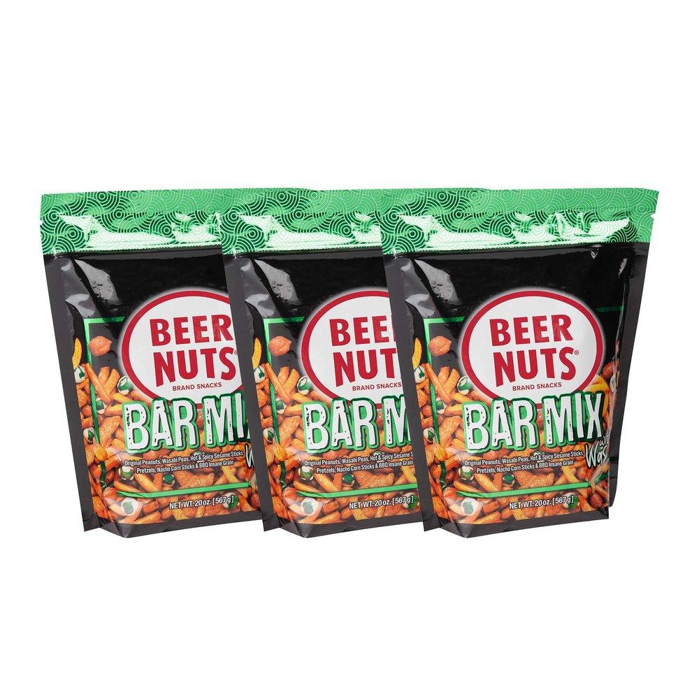 BEER NUTS Bar Mix w/Wasabi - Pretzels, Cheese Stix, Sesame Stix, Insane Grain & Wasabi Peas - 20oz Resealable Bag (Pack of 3)