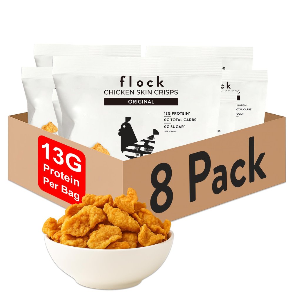 Flock Keto Chicken Skin Chips  Original Flavor, Low Carb, High Protein, Gluten-Free Chicken Crisps, Keto Snack, Low Carb Chips, Protein Crackers, Diet Snacks, 8-Pack (1oz)