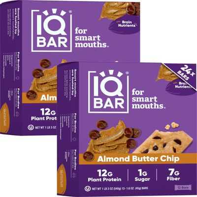 IQBAR Clean Plant Protein Bars - Almond Butter Chip - 24 Count - Keto, Vegan, High Fiber, Gluten and Dairy Free, Low Sugar Snack - Brain and Body Nutrients for Focus, Energy, Meal Replacement