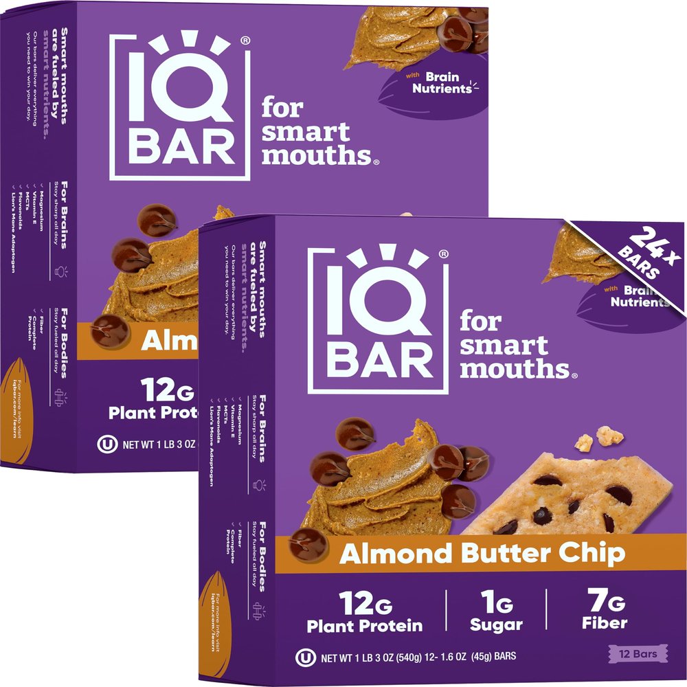 IQBAR Clean Plant Protein Bars - Almond Butter Chip - 24 Count - Keto, Vegan, High Fiber, Gluten and Dairy Free, Low Sugar Snack - Brain and Body Nutrients for Focus, Energy, Meal Replacement
