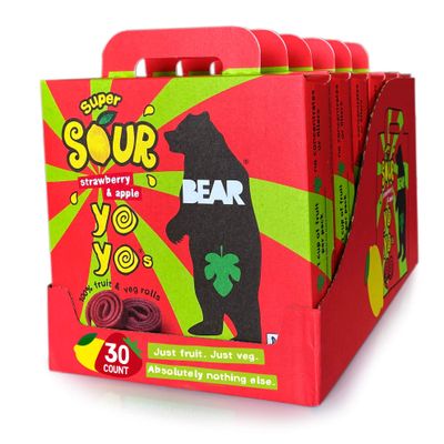 BEAR Sour Real Fruit Yoyos, Strawberry-Apple, No added Sugar, All Natural, Non GMO, Gluten Free, Vegan, Healthy on-the-go Snack for Kids & Adults, Red, 0.7 Oz, 30 Count