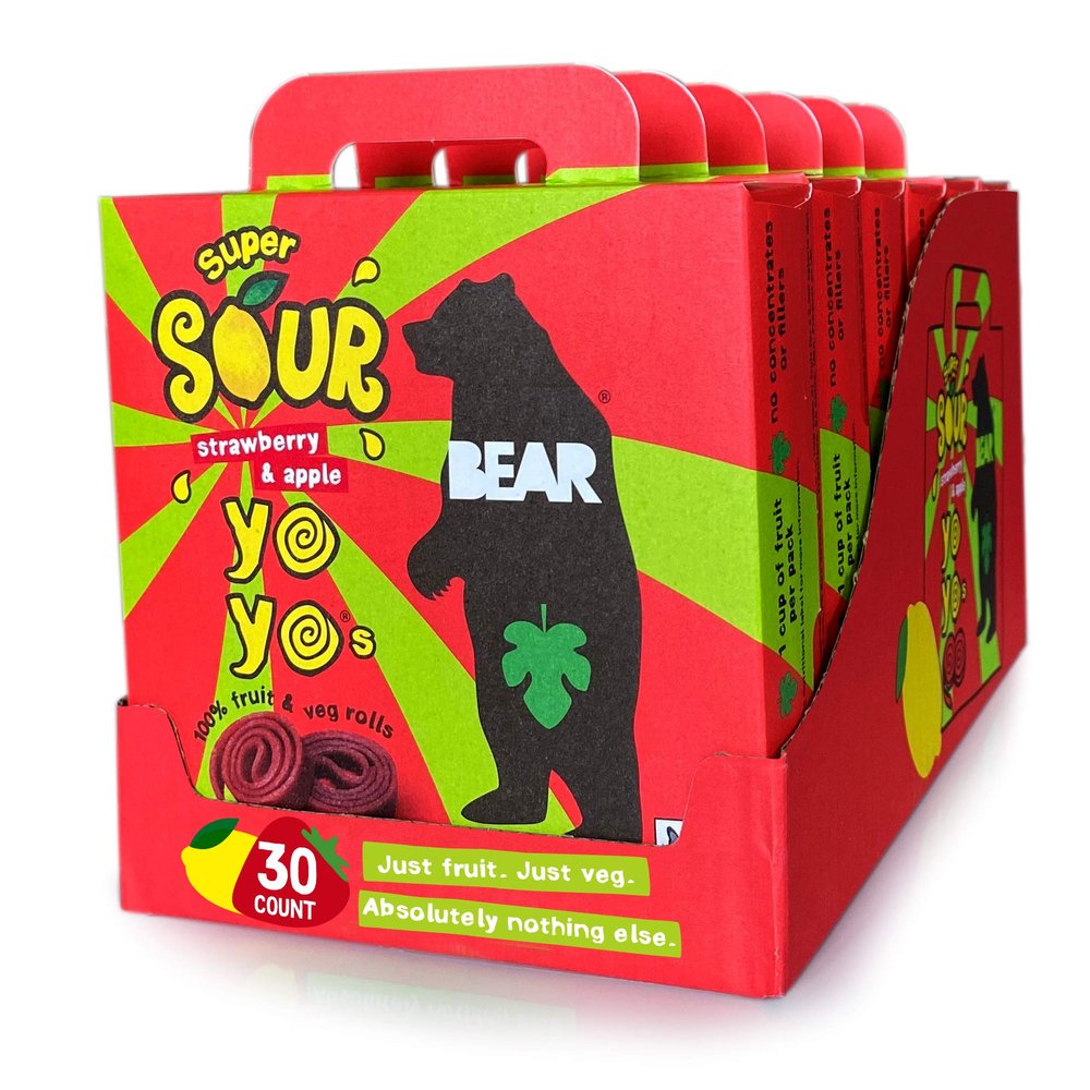 BEAR Sour Real Fruit Yoyos, Strawberry-Apple, No added Sugar, All Natural, Non GMO, Gluten Free, Vegan, Healthy on-the-go Snack for Kids & Adults, Red, 0.7 Oz, 30 Count