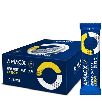 AMACX Energy Oat Bar for Endurance Sports 12 x 50g Energy Bars Carbohydrate mix (31g) Vegan Protein Bar with 50mg magnesium Running & Hiking Snacks Healthy Oatmeal Power Bars - Lemon
