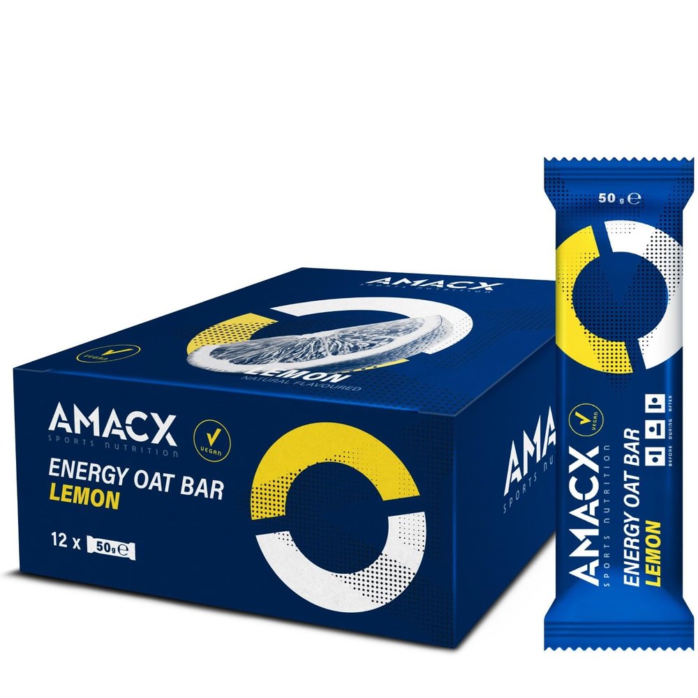 AMACX Energy Oat Bar for Endurance Sports 12 x 50g Energy Bars Carbohydrate mix (31g) Vegan Protein Bar with 50mg magnesium Running & Hiking Snacks Healthy Oatmeal Power Bars - Lemon