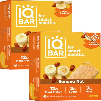 IQBAR Clean Plant Protein Bars - Banana Nut - 24 Count - Keto, Vegan, High Fiber, Gluten and Dairy Free, Low Sugar Snack - Brain and Body Nutrients for Focus, Energy, Meal Replacement