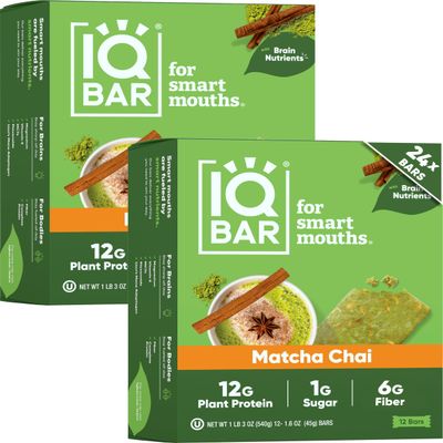 IQBAR Clean Plant Protein Bars - Matcha Chai - 24 Count - Keto, Vegan, High Fiber, Gluten and Dairy Free, Low Sugar Snack - Brain and Body Nutrients for Focus, Energy, Meal Replacement