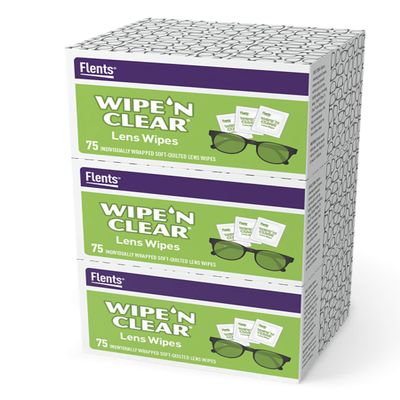 Flents Eyeglass Cleaner Lens Wipes - 225 Count (3 Boxes of 75) Individually Wrapped Pre-Moistened Cleaning Cloths Anti-Streak for Eyeglasses, Sunglasses, Phone Screens, Computer Monitors