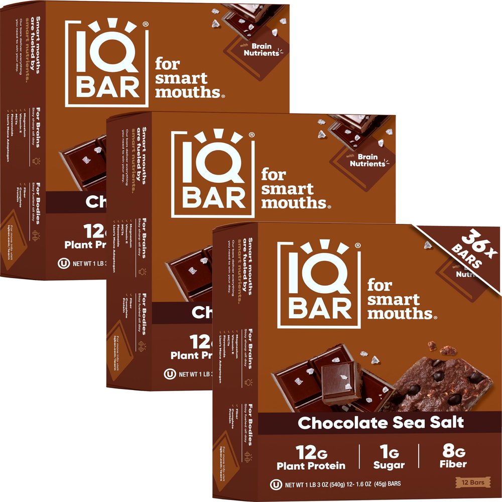 IQBAR Clean Plant Protein Bars - Chocolate Sea Salt - 36 Count - Keto, Vegan, High Fiber, Gluten and Dairy Free, Low Sugar Snack - Brain and Body Nutrients for Focus, Energy, Meal Replacement