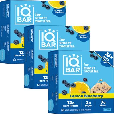 IQBAR Clean Plant Protein Bars - Lemon Blueberry - 36 Count - Keto, Vegan, High Fiber, Gluten and Dairy Free, Low Sugar Snack - Brain and Body Nutrients for Focus, Energy, Meal Replacement