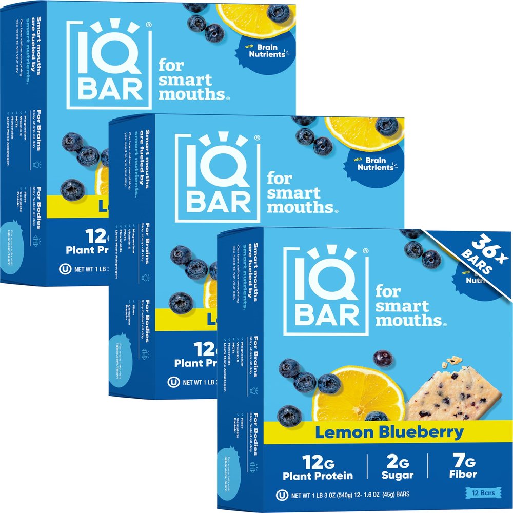 IQBAR Clean Plant Protein Bars - Lemon Blueberry - 36 Count - Keto, Vegan, High Fiber, Gluten and Dairy Free, Low Sugar Snack - Brain and Body Nutrients for Focus, Energy, Meal Replacement