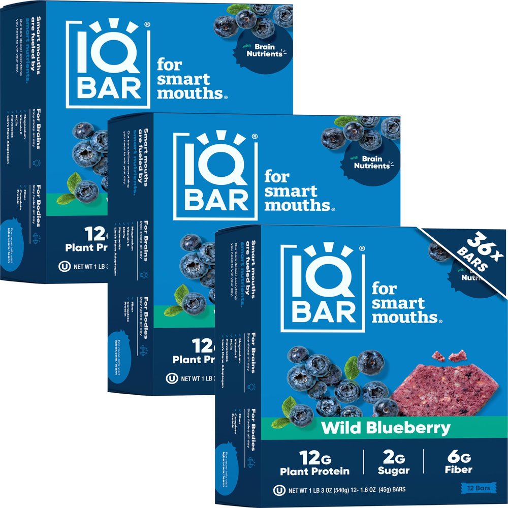 IQBAR Brain and Body Clean Plant Protein Bars - Wild Blueberry - 36 Bars - Keto, Vegan, High Fiber, Gluten and Dairy Free, Low Sugar Snack with Nutrients for Focus, Energy, Meal Replacement