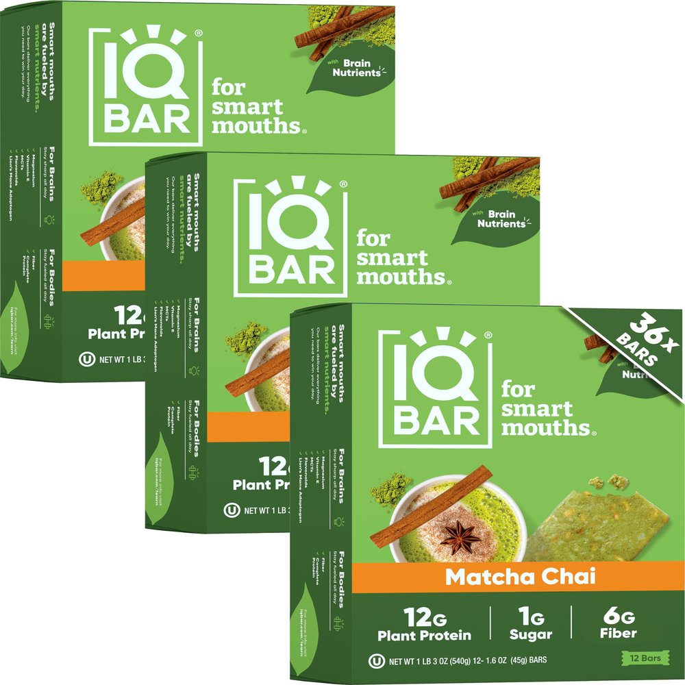 IQBAR Clean Plant Protein Bars - Matcha Chai - 36 Count - Keto, Vegan, High Fiber, Gluten and Dairy Free, Low Sugar Snack - Brain and Body Nutrients for Focus, Energy, Meal Replacement
