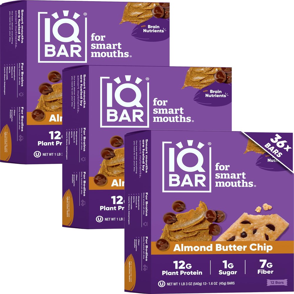 IQBAR Clean Plant Protein Bars - Almond Butter Chip - 36 Count - Keto, Vegan, High Fiber, Gluten and Dairy Free, Low Sugar Snack - Brain and Body Nutrients for Focus, Energy, Meal Replacement