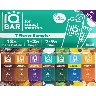 IQBAR Brain and Body Clean Plant Protein Bars - Sampler - 7 Bars - Keto, Vegan, High Fiber, Gluten and Dairy Free, Low Sugar Snack with Nutrients for Focus, Energy, Meal Replacement