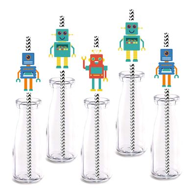 Robots Party Straw Decor, 24-Pack Robot Baby Shower Or Kids Birthday Party Decorations, Paper Decorative Straws