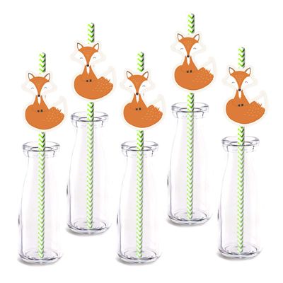 Fox straw Decor, 24-Pack Woodland Fox Baby shower Birthday Party Supply Decorations, Paper Decorative Straws
