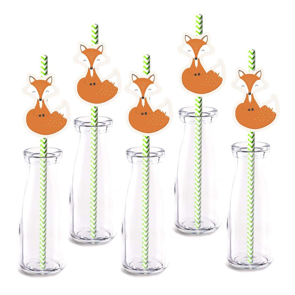 Fox straw Decor, 24-Pack Woodland Fox Baby shower Birthday Party Supply Decorations, Paper Decorative Straws