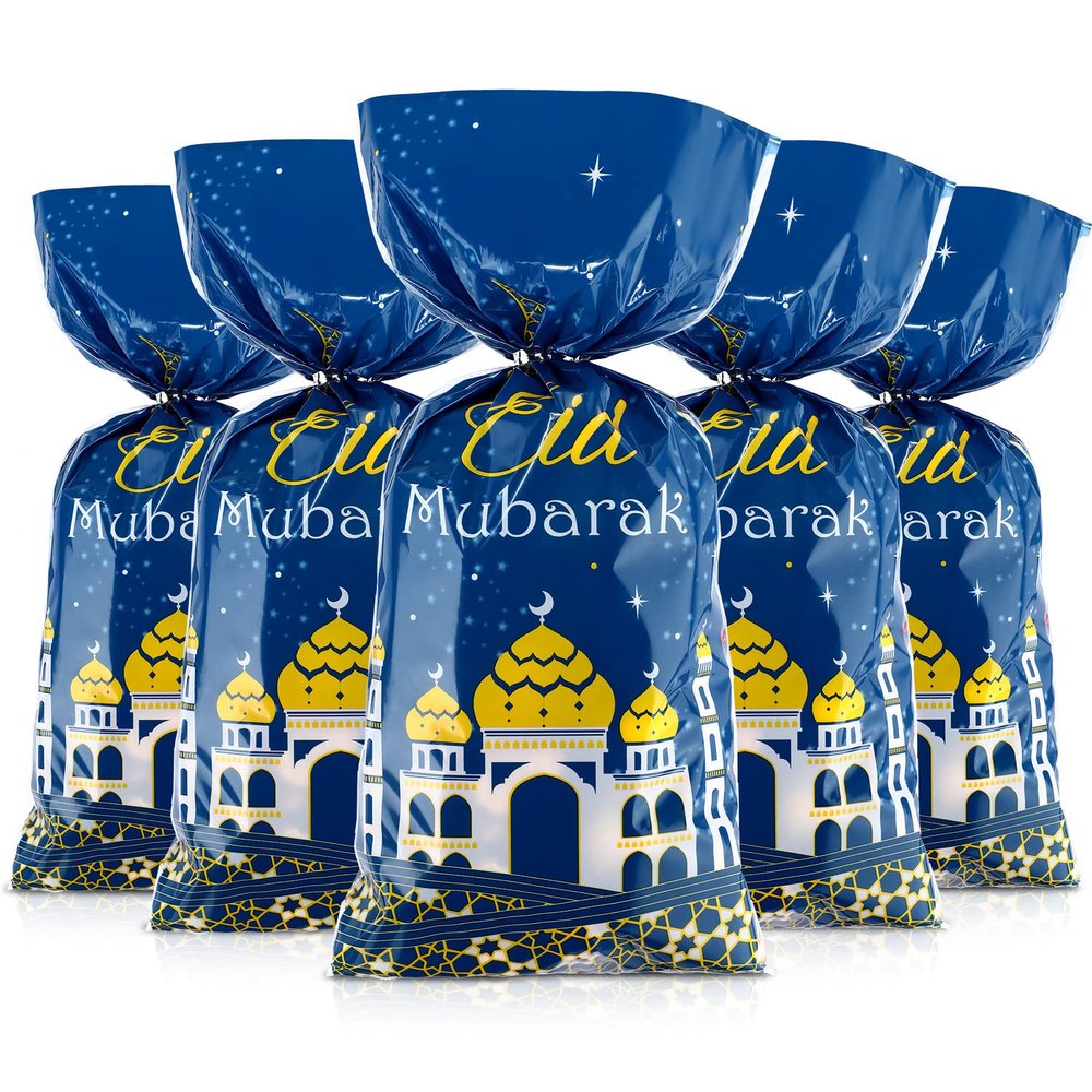 Blulu 100 Pcs Eid Mubarak Gift Bags Ramadan Decorations Clear Goodie Candy Plastic Cellophane Treat Bags with Silver Twist Ties for Eid Mubarak Party(Blue Gold)