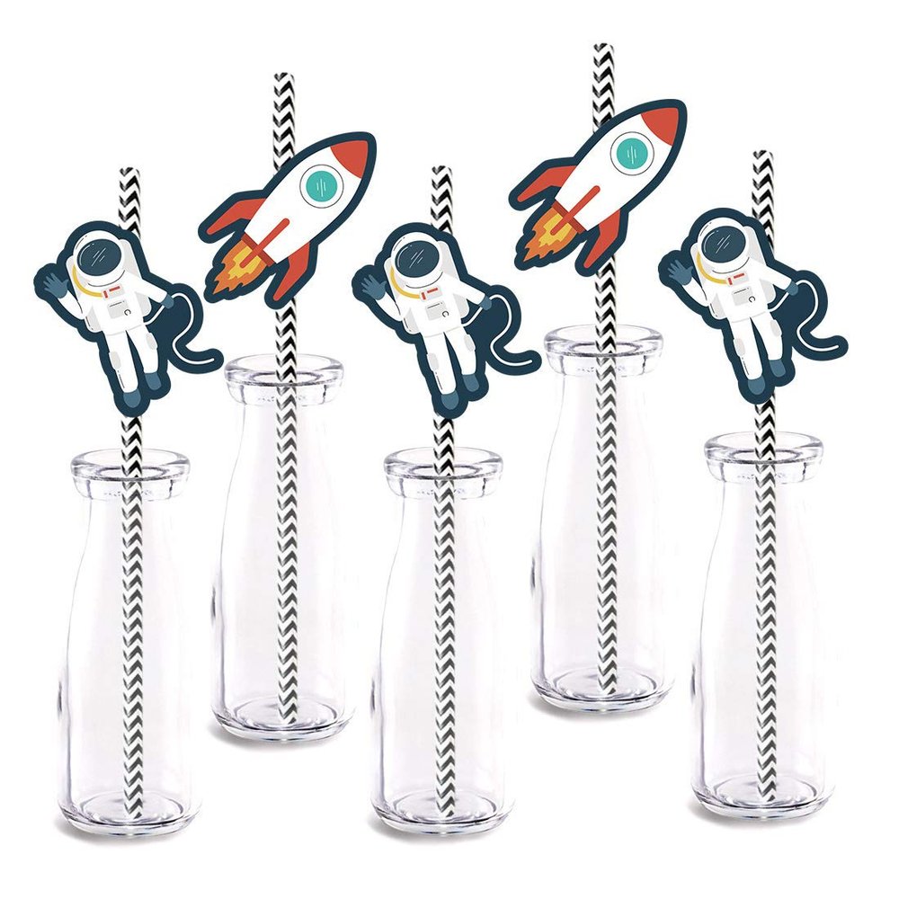 Space Party Straw Decor, 24-Pack Outer Space Moon Landing Birthday Baby Shower Party Decorations, Paper Decorative Straws